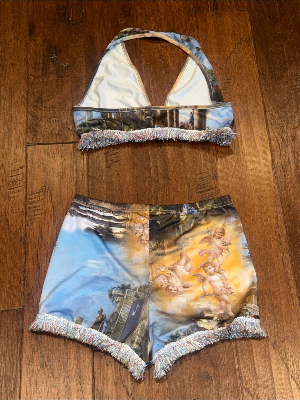 Small / 4 Cherub Print Fringe Halter Crop Top & Shorts Set — Blue, Gold, Brown - Picture 4 of 4